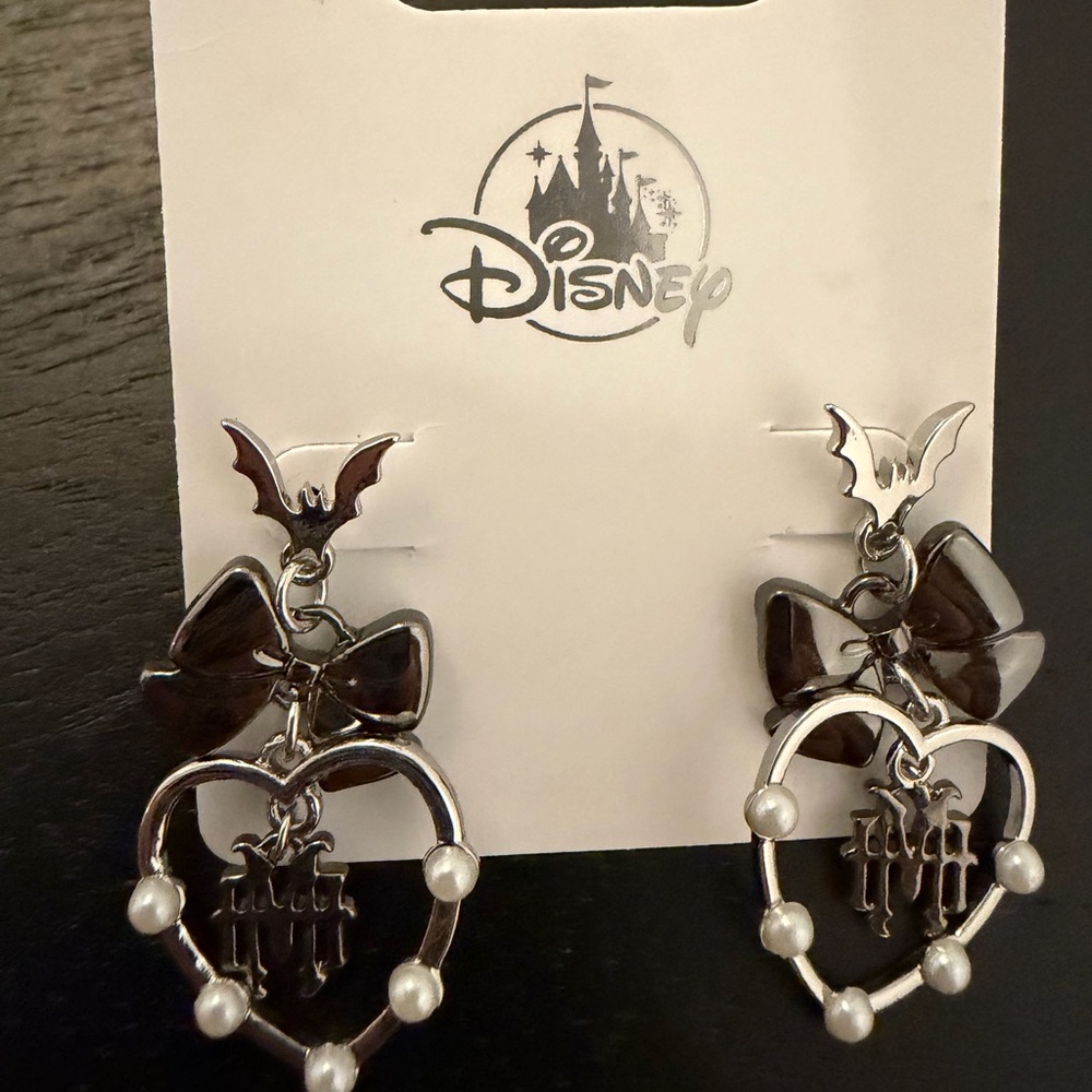 Disney parks haunted mansion silver and Black Heart Earrings